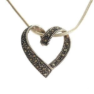 Marcasite‎ Heart Necklace Sterling Silver Vintage Open Pendant Antiqued 925 24”